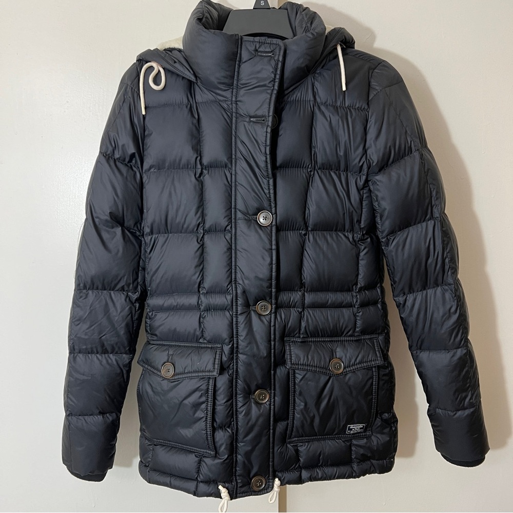 Abercrombie Fitch Women's XS Duck Down Qulited Navy Hooded Puffer Coat Jacket